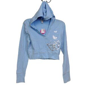 Y2K Limited Too Blue Crop Shirt Hoodie sz 18 Jr Pre-Teen Retro Silver Butterfly